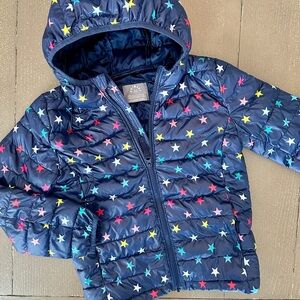 PRIMARY Girls Lightweight Puffer Jacket Navy Rainbow Confetti Stars • Size 8-9